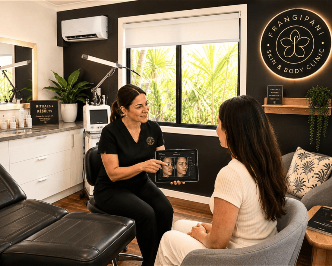 Therapist showing client skin analysis photos on a tablet inside Frangipani Skin & Body Clinic